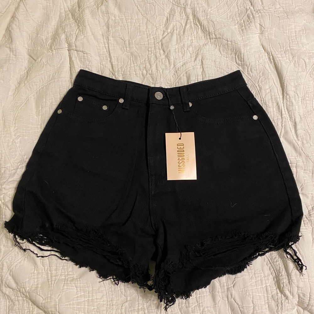 Black distressed denim shorts- tall